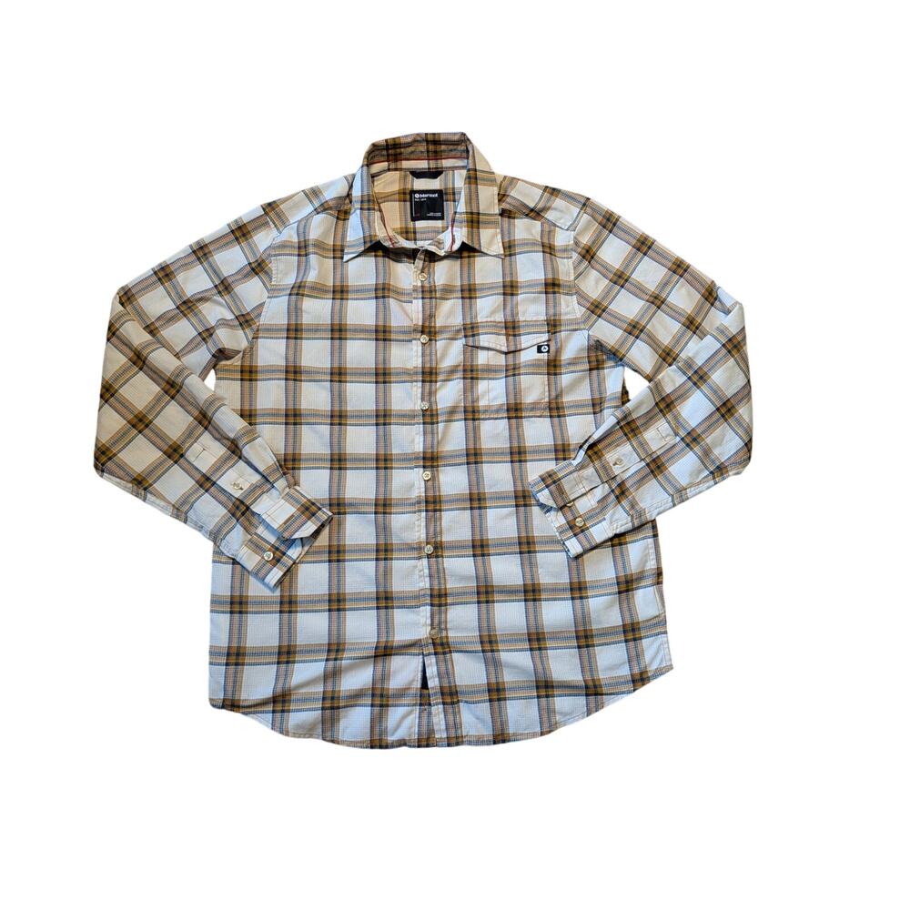 Marmot Upcycle Plaid Button Up Shirt Mens Large White Tan Brown Long Sleeve